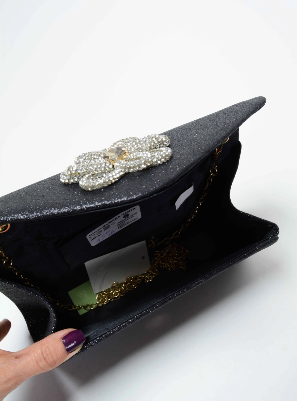 Официална дамска чанта тип клъч от плат и декоративно цвете