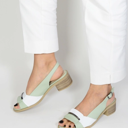 Дамски сандали на ток в зелена и бяла кожа